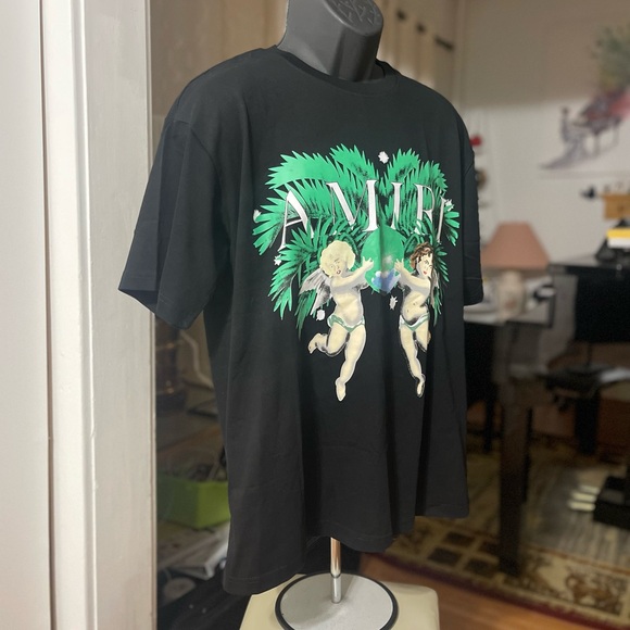 NWT Men’s Size Large AMIRI Airbrush Cherub Print Tee 100% Cotton In Black/Green - Picture 9 of 14